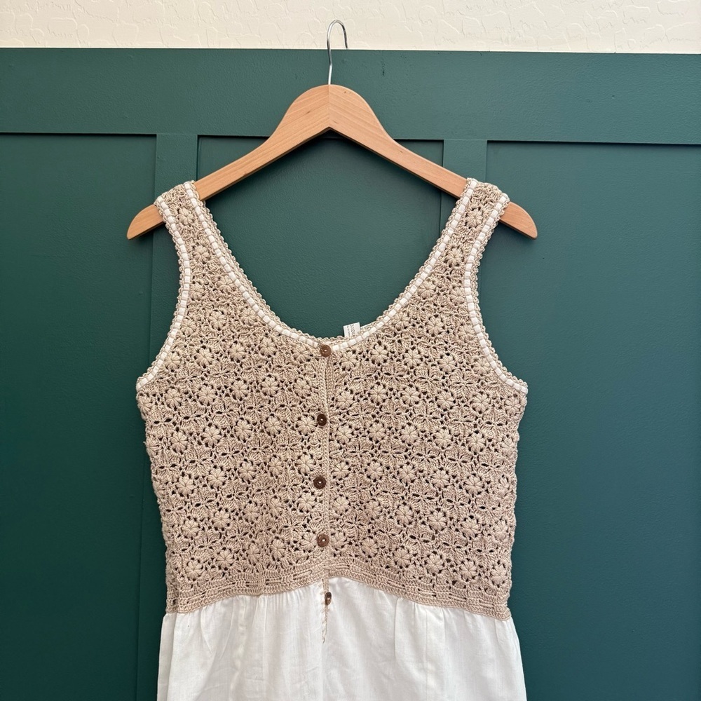 1970S Vintage BROWN & CREAM CROCHET Embroidered MIDI DRESS - Picture 10 of 13